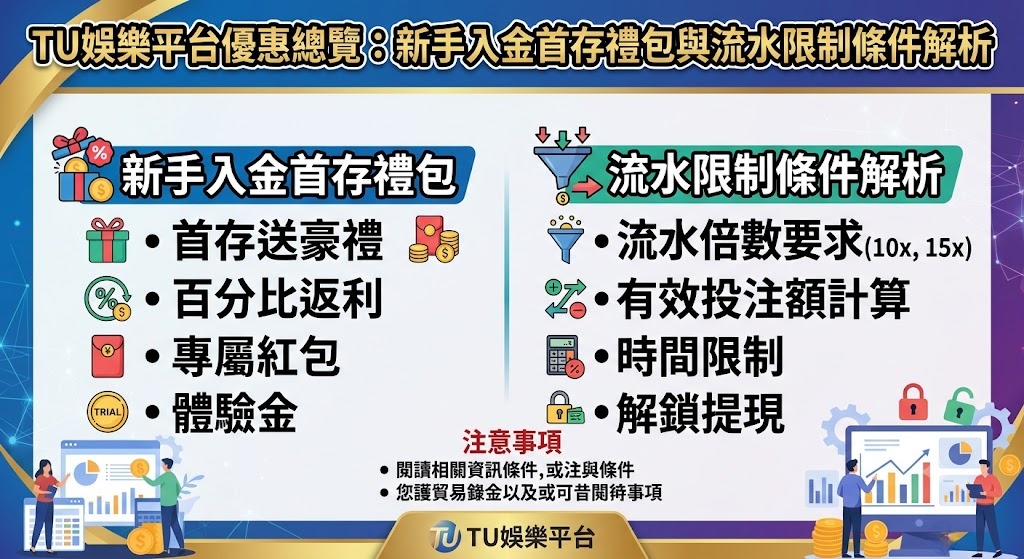 TU娛樂平台優惠總覽:新手入金首存禮包與流水限制條件解析